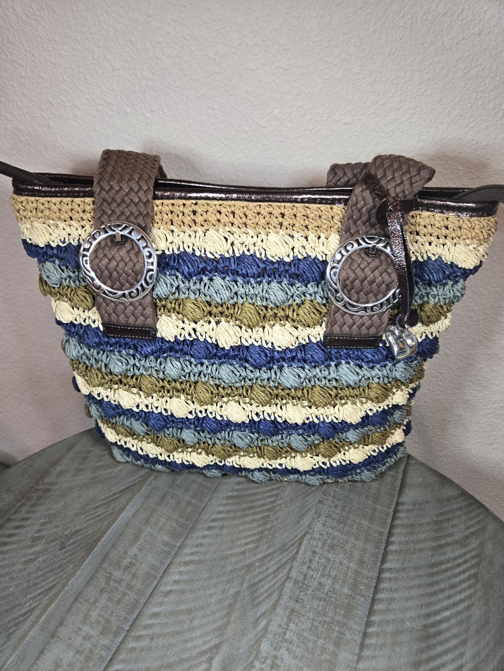 Brighton Woven Striped Crochet Tote Bag in Blue, Green & Cream - Picture 2 of 14